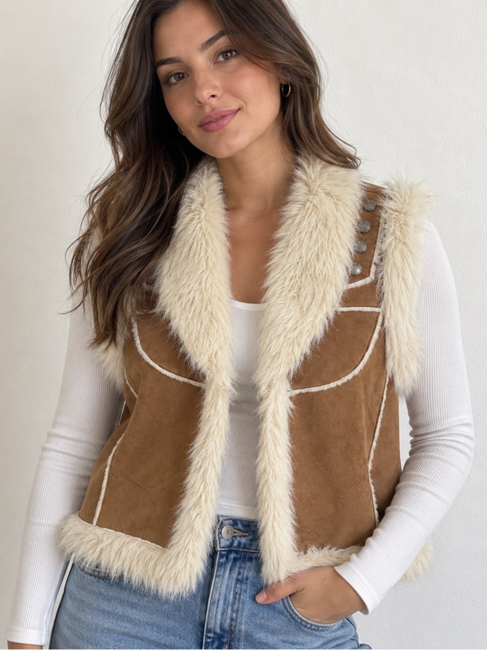 Essentials by Milano Faux Suede Faux Fur Shearling Trim Vest Brown Cream Boho